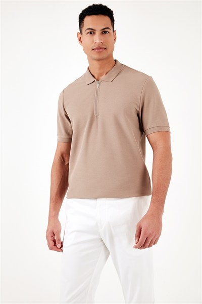 Pamuklu Regular Fit Fermuarlı Erkek Polo Yaka T Shirt 5902434 VİZON