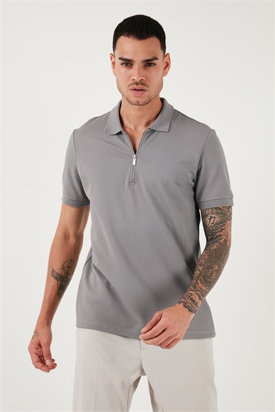 Pamuklu Regular Fit Fermuarlı Erkek Polo Yaka T Shirt 5902915 Kül
