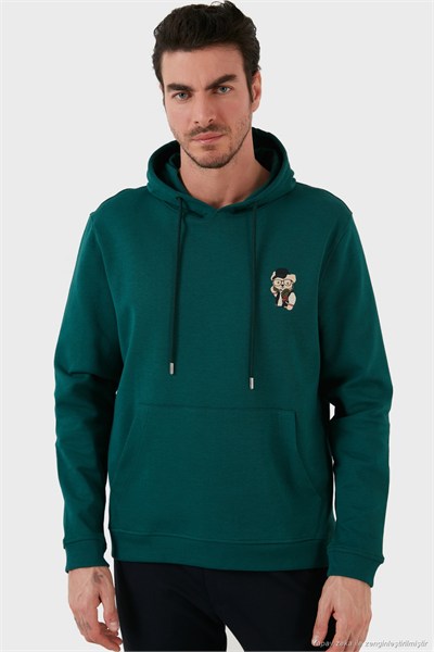 Pamuklu Regular Fit Kanguru Cepli Kapüşonlu Erkek Sweat 6141006B PETROL