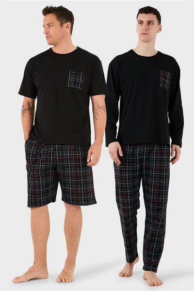 Pamuklu Regular Fit Kareli 2li Paket Erkek Pijama Takımı 657200120S2 Siyah-Füme-Siyah