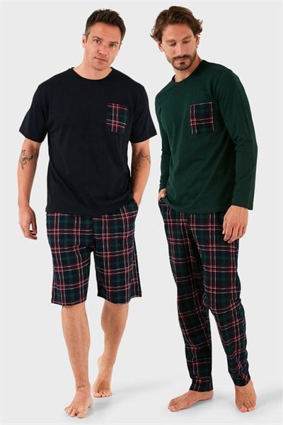 Pamuklu Regular Fit Kareli 2li Paket Erkek Pijama Takımı 657200120S2 LACİVERT-YEŞİL