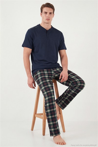 Pamuklu Regular Fit Kareli Kısa Kollu Erkek Pijama Takımı 6096860 LACİVERT-YEŞİL