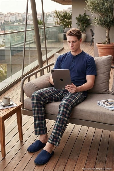 Pamuklu Regular Fit Kareli Kısa Kollu Erkek Pijama Takımı 6096860 LACİVERT-YEŞİL