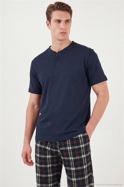 Pamuklu Regular Fit Kareli Kısa Kollu Erkek Pijama Takımı 6096860 LACİVERT-YEŞİL