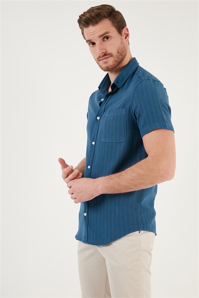 Pamuklu Regular Fit Kısa Kollu Erkek Gömlek CF24S128230 İNDİGO