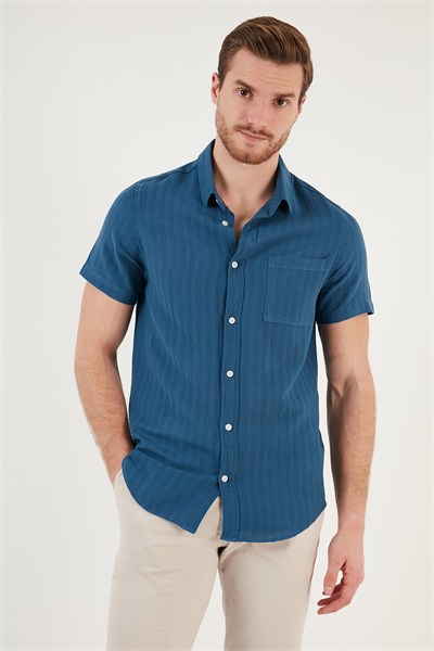 Pamuklu Regular Fit Kısa Kollu Erkek Gömlek CF24S128230 İNDİGO