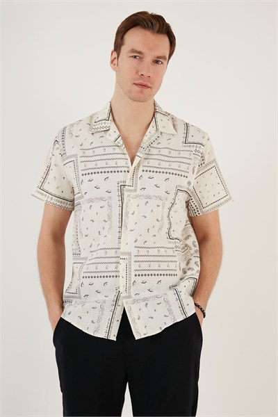 Pamuklu Regular Fit Kısa Kollu Erkek Gömlek CF24S117514 BEJ