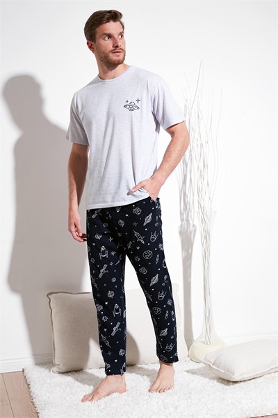 Pamuklu Regular Fit Kısa Kollu Erkek Pijama Takımı 6572011 GRİ MELANJ