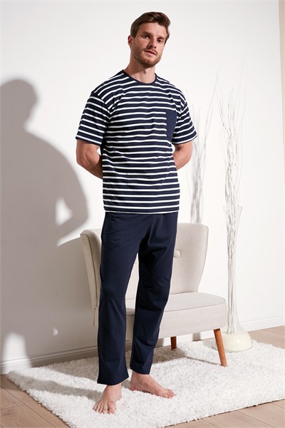 Pamuklu Regular Fit Kısa Kollu Erkek Pijama Takımı 6572010 LACİVERT