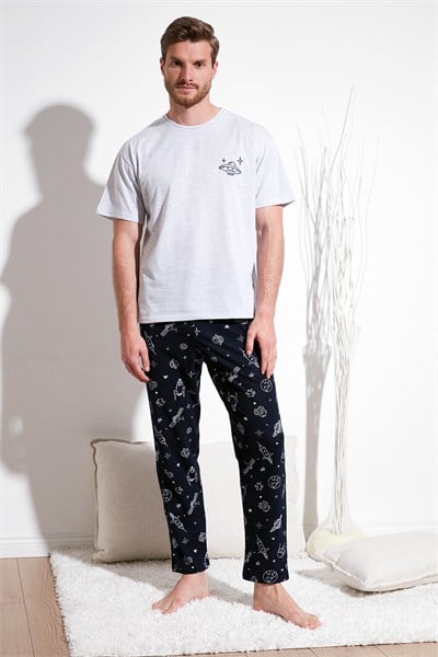 Pamuklu Regular Fit Kısa Kollu Erkek Pijama Takımı 6572011 GRİ MELANJ