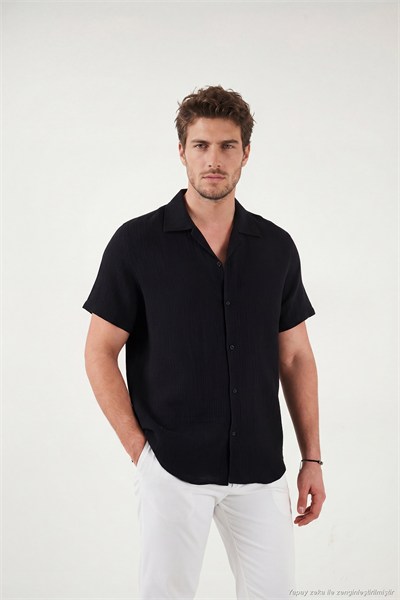 Pamuklu Regular Fit Klasik Yaka Kısa Kollu Erkek Gömlek CF26S125404 SİYAH