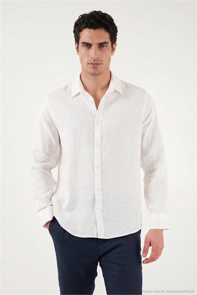 Pamuklu Regular Fit Klasik Yaka Uzun Kollu % 100 Keten Erkek Gömlek CF26S1210000 BEYAZ