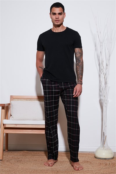 Pamuklu Regular Fit Normal Bel Düz Paça Cepli 2li Paket Erkek Pijama Altı 6574003S2 Siyah Bordo-Siyah Bordo