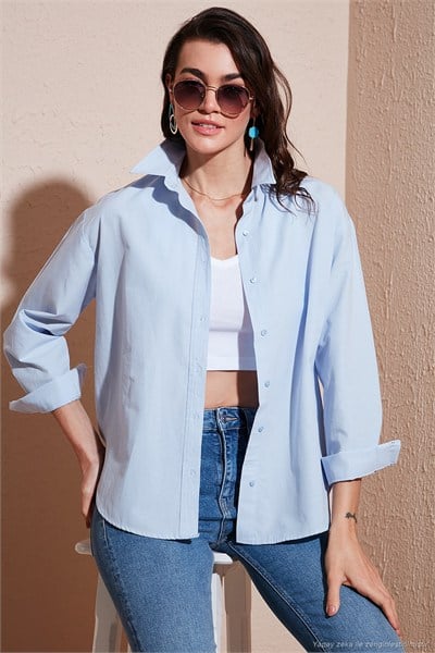 Pamuklu Regular Fit Önü Kısa Arkası Uzun Oval Kesim Kadın Gömlek CF25S163867 AÇIK MAVİ