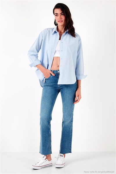 Pamuklu Regular Fit Önü Kısa Arkası Uzun Oval Kesim Kadın Gömlek CF25S163867 AÇIK MAVİ