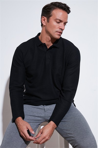 Pamuklu Regular Fit Polo Yaka Erkek Sweat 5905715 SİYAH