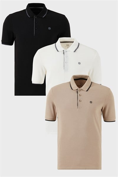 Pamuklu Regular Fit Şerit Detaylı Düğmeli Polo Yaka 3lü Paket Erkek T Shirt 5902118S3 Siyah-Beyaz-Vizon