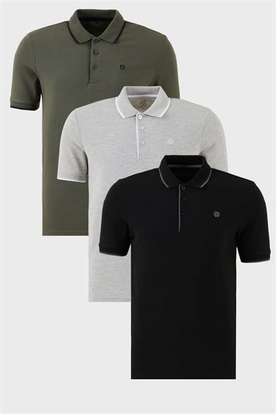 Pamuklu Regular Fit Şerit Detaylı Düğmeli Polo Yaka 3lü Paket Erkek T Shirt 5902118S3 Siyah-Haki-Gri Melanj