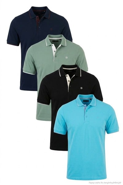Pamuklu Regular Fit Şerit Detaylı Düğmeli Polo Yaka 4lü Paket Erkek T Shirt 5902118S4 A Mavi-S Beyaz-L Bordo-E Yeşili-Beyaz