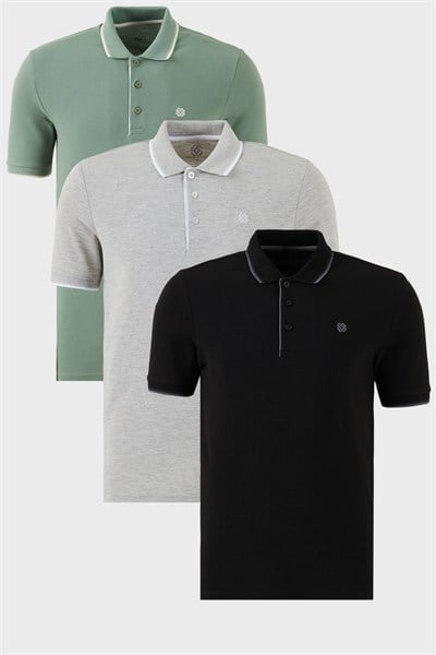 Pamuklu Regular Fit Şerit Detaylı Düğmeli Polo Yaka 3lü Paket Erkek T Shirt 5902118S3 Siyah-Gri Melanj-Elma Yeşili-Beyaz