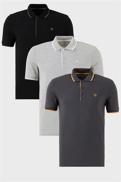 Pamuklu Regular Fit Şerit Detaylı Düğmeli Polo Yaka 3lü Paket Erkek T Shirt 5902118S3 Siyah-Antrasit-Gri Melanj