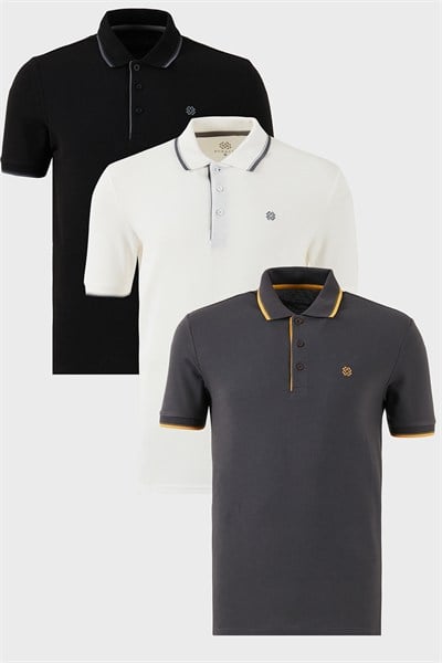 Pamuklu Regular Fit Şerit Detaylı Düğmeli Polo Yaka 3lü Paket Erkek T Shirt 5902118S3 Siyah-Beyaz-Antrasit