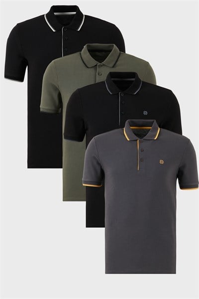 Pamuklu Regular Fit Şerit Detaylı Düğmeli Polo Yaka 4lü Paket Erkek T Shirt 5902118S4 SİYAH-ANTRASİT-HAKİ-SİYAHBEYAZ