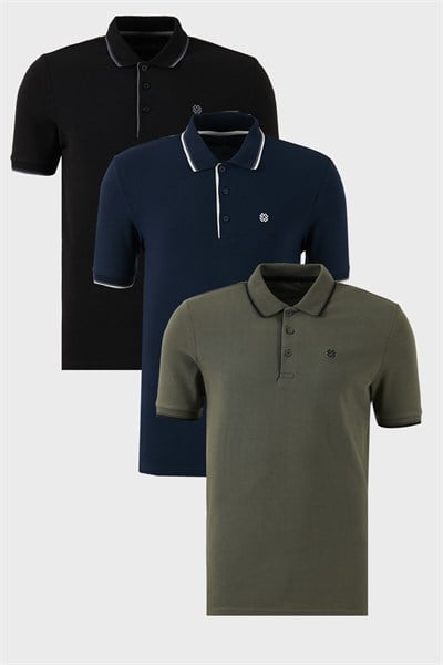 Pamuklu Regular Fit Şerit Detaylı Düğmeli Polo Yaka 3lü Paket Erkek T Shirt 5902118S3 Siyah-Haki-Lacivert