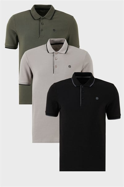 Pamuklu Regular Fit Şerit Detaylı Düğmeli Polo Yaka 3lü Paket Erkek T Shirt 5902118S3 Siyah-Haki-Taş
