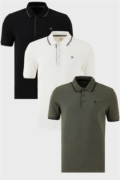 Pamuklu Regular Fit Şerit Detaylı Düğmeli Polo Yaka 3lü Paket Erkek T Shirt 5902118S3 SİYAH-BEYAZ-HAKİ