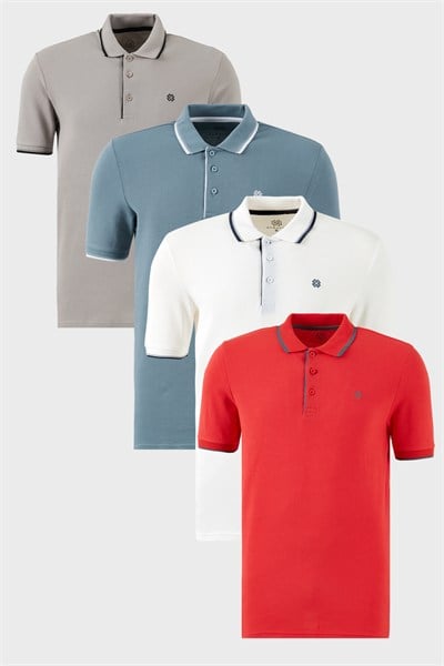 Pamuklu Regular Fit Şerit Detaylı Düğmeli Polo Yaka 4lü Paket Erkek T Shirt 5902118S4 Beyaz-Kırmızı-Mavi-Taş