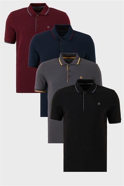 Pamuklu Regular Fit Şerit Detaylı Düğmeli Polo Yaka 4lü Paket Erkek T Shirt 5902118S4 Siyah-Vişne-Antrasit-Lacivert-Bordo