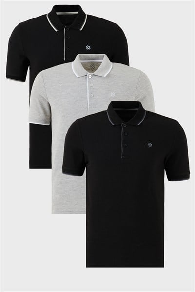 Pamuklu Regular Fit Şerit Detaylı Düğmeli Polo Yaka 3lü Paket Erkek T Shirt 5902118S3 Siyah-Gri Melanj-Siyah-Beyaz