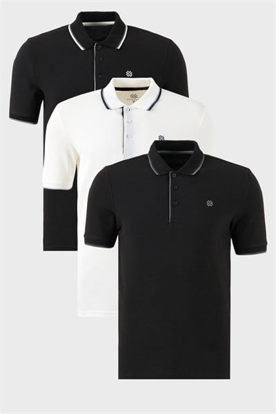 Pamuklu Regular Fit Şerit Detaylı Düğmeli Polo Yaka 3lü Paket Erkek T Shirt 5902118S3 SİYAH-BEYAZ-SİYAHBEYAZ