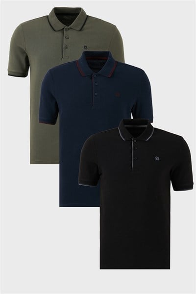Pamuklu Regular Fit Şerit Detaylı Düğmeli Polo Yaka 3lü Paket Erkek T Shirt 5902118S3 Siyah-Haki-Lacivert-Bordo