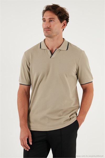 Pamuklu Regular Fit Şerit Detaylı Erkek Polo Yaka T Shirt 5902964 VİZON
