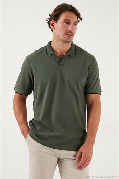 Pamuklu Regular Fit Şerit Detaylı Erkek Polo Yaka T Shirt 5902964 HAKİ