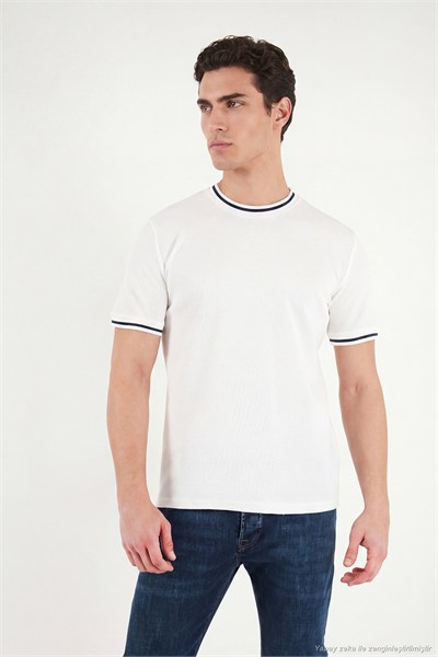 Pamuklu Regular Fit Şerit Detaylı Erkek T Shirt 5904089 BEYAZ