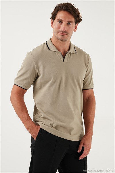 Pamuklu Regular Fit Şerit Detaylı Erkek Polo Yaka T Shirt 5902964 VİZON