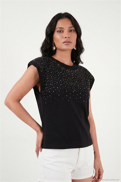 Pamuklu Regular Fit Taş Detaylı Kadın Bluz 5866945 SİYAH