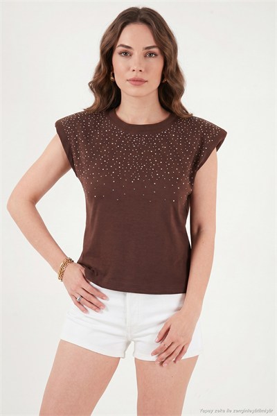 Pamuklu Regular Fit Taş Detaylı Kadın Bluz 5866945 KAHVE