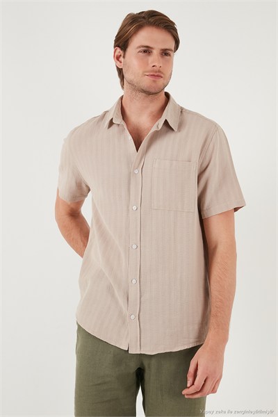 Pamuklu Regular Fit Tek Cepli Kısa Kol Erkek Gömlek CF25S128230 TAŞ