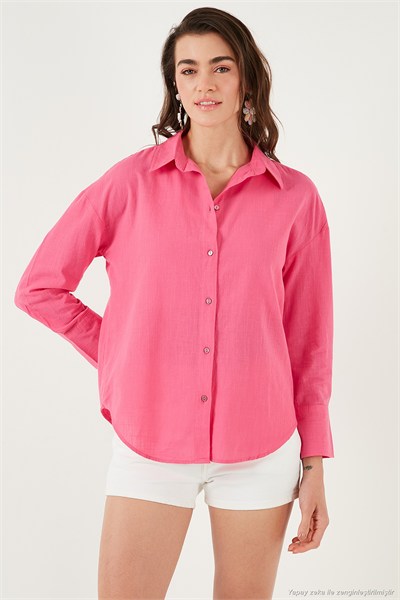 Pamuklu Regular Fit Uzun Kollu Düz Kadın Gömlek CF25S168305 Şeker Pembe