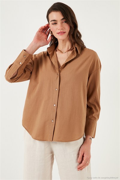 Pamuklu Regular Fit Uzun Kollu Düz Kadın Gömlek CF25S168305 CAMEL