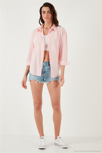 Pamuklu Regular Fit Uzun Kollu Düz Kadın Gömlek CF25S168305 AÇIK PEMBE