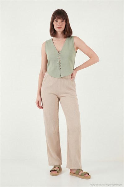 Pamuklu Regular Fit V Yaka Düğme Detaylı Yazlık Bluz Kadın Yelek 5866661 Olive