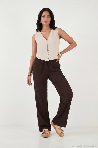 Pamuklu Regular Fit V Yaka Düğme Detaylı Yazlık Bluz Kadın Yelek 5866661 TAŞ