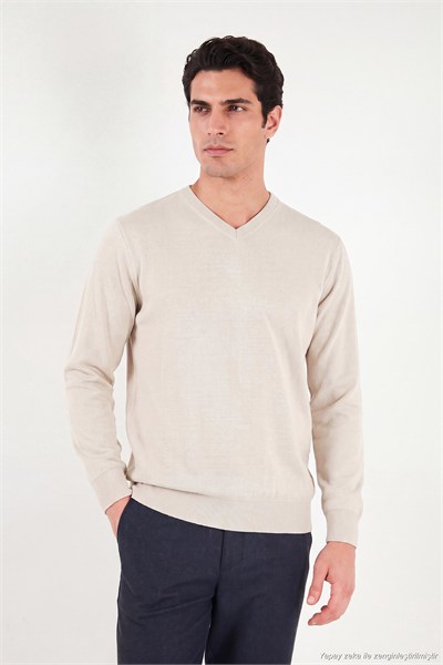 Pamuklu Regular Fit V Yaka Erkek Kazak 456202 V BEJ