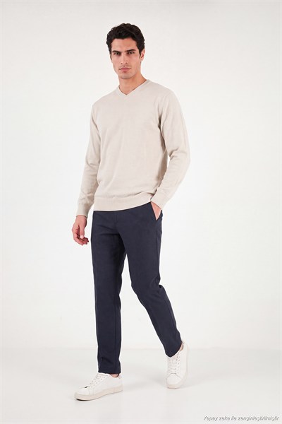 Pamuklu Regular Fit V Yaka Erkek Kazak 456202 V BEJ