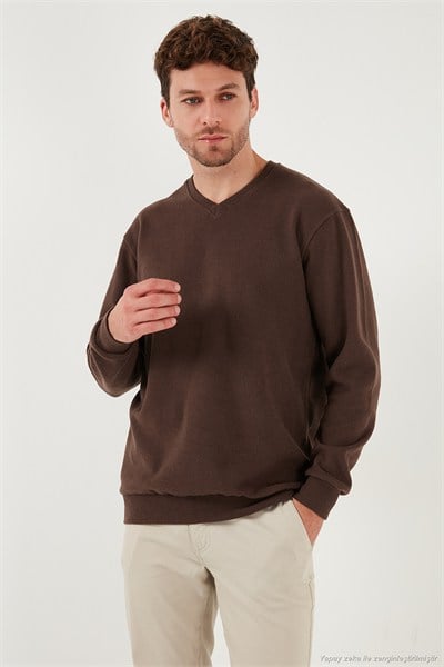 Pamuklu Regular Fit V Yaka Erkek Kazak 456202 V KAHVE